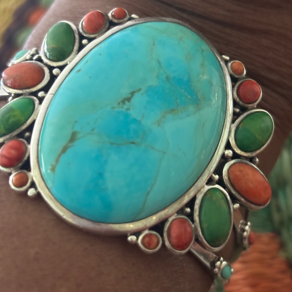 Blue and Orange Statement Cuff Bracelet with Turquoise/wt turquoise ring